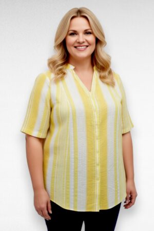 Kollasetriibuline eest nööpidega puuvillane pluus (PL.209)