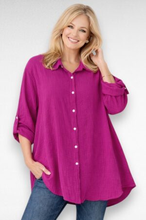 Musliinkangast eest nööpidega pluss suuruses pikem naiste pluus (PL.495)