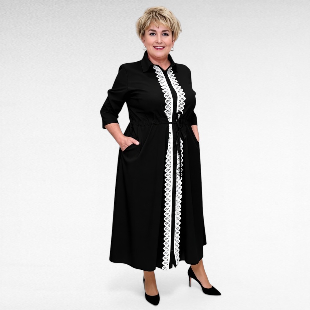 Eest nööpidega pitshõlmadega tunnelvööga pluss suurus naiste kleit (KL.154) - Image 5