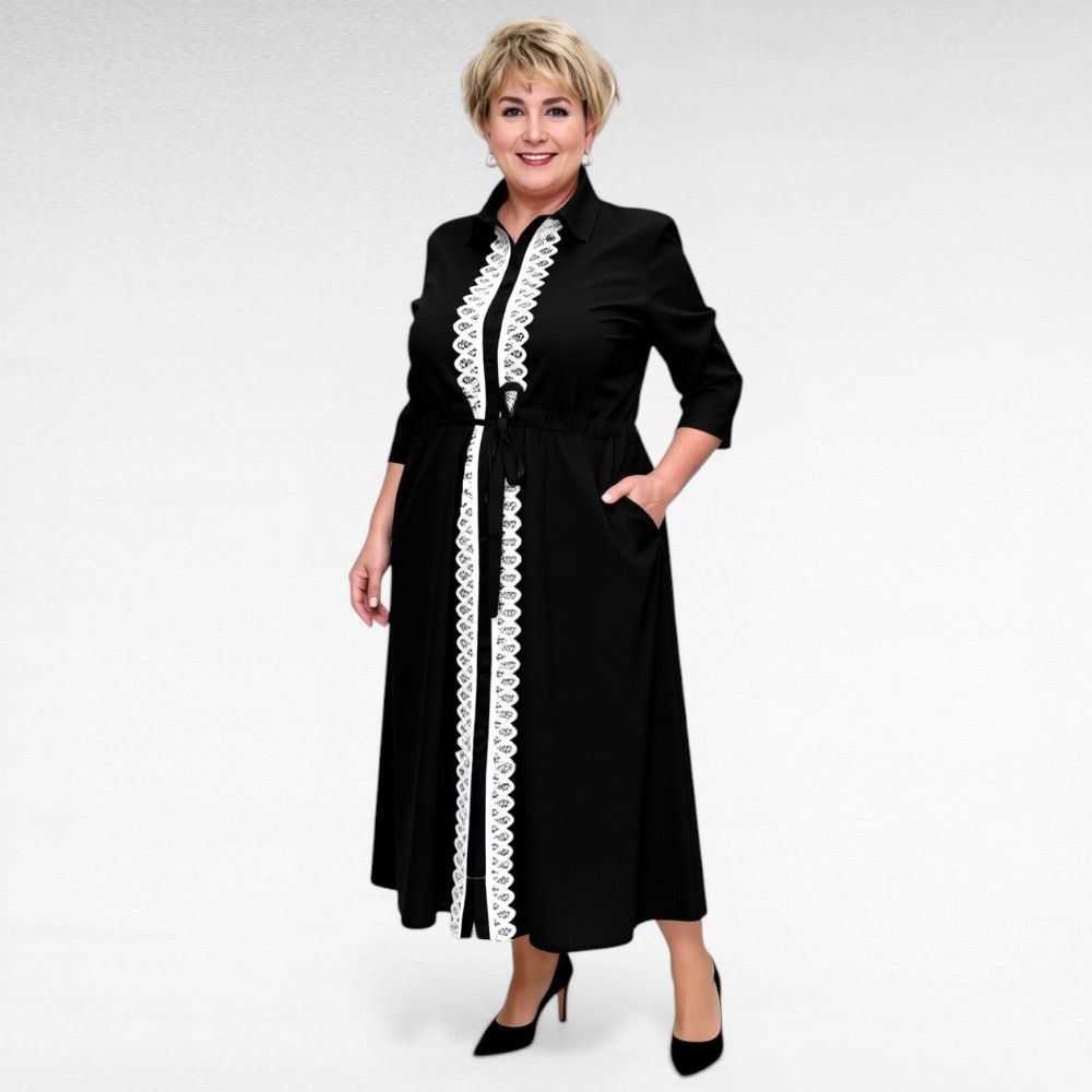 Eest nööpidega pitshõlmadega tunnelvööga pluss suurus naiste kleit (KL.154) - Image 2