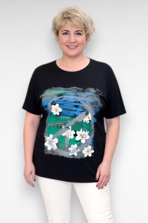 Must valge lillemustriga puuvillane naiste pluus "Fly Out" (PL.090)