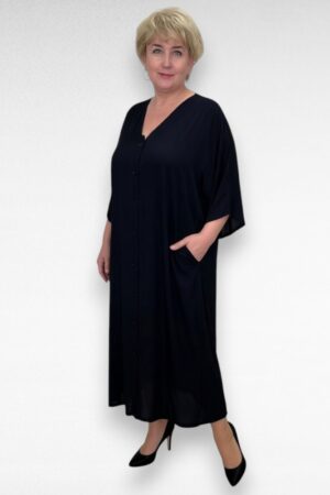 Must eest nööpidega pluss suuruses taskutega pikk disainkleit (KL.163)