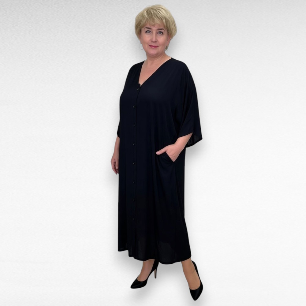 Must eest nööpidega pluss suuruses taskutega pikk disainkleit (KL.163)