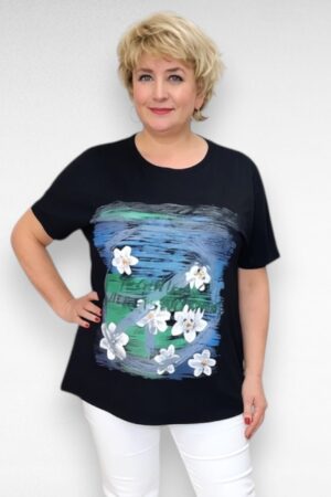 Must valge lillemustriga puuvillane naiste pluus "Fly Out" (PL.090)