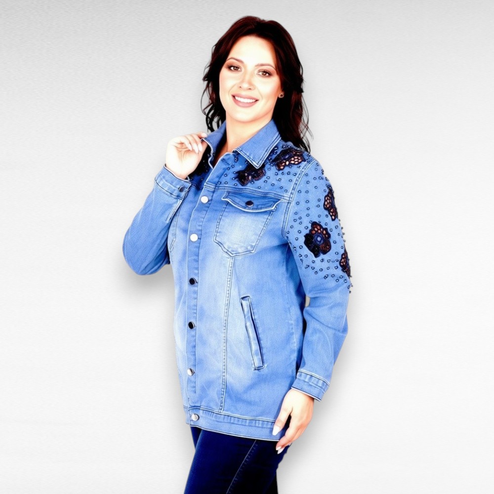 Sinine musta pitsi ja pärlitega teksajakk (KA.099) - Image 2