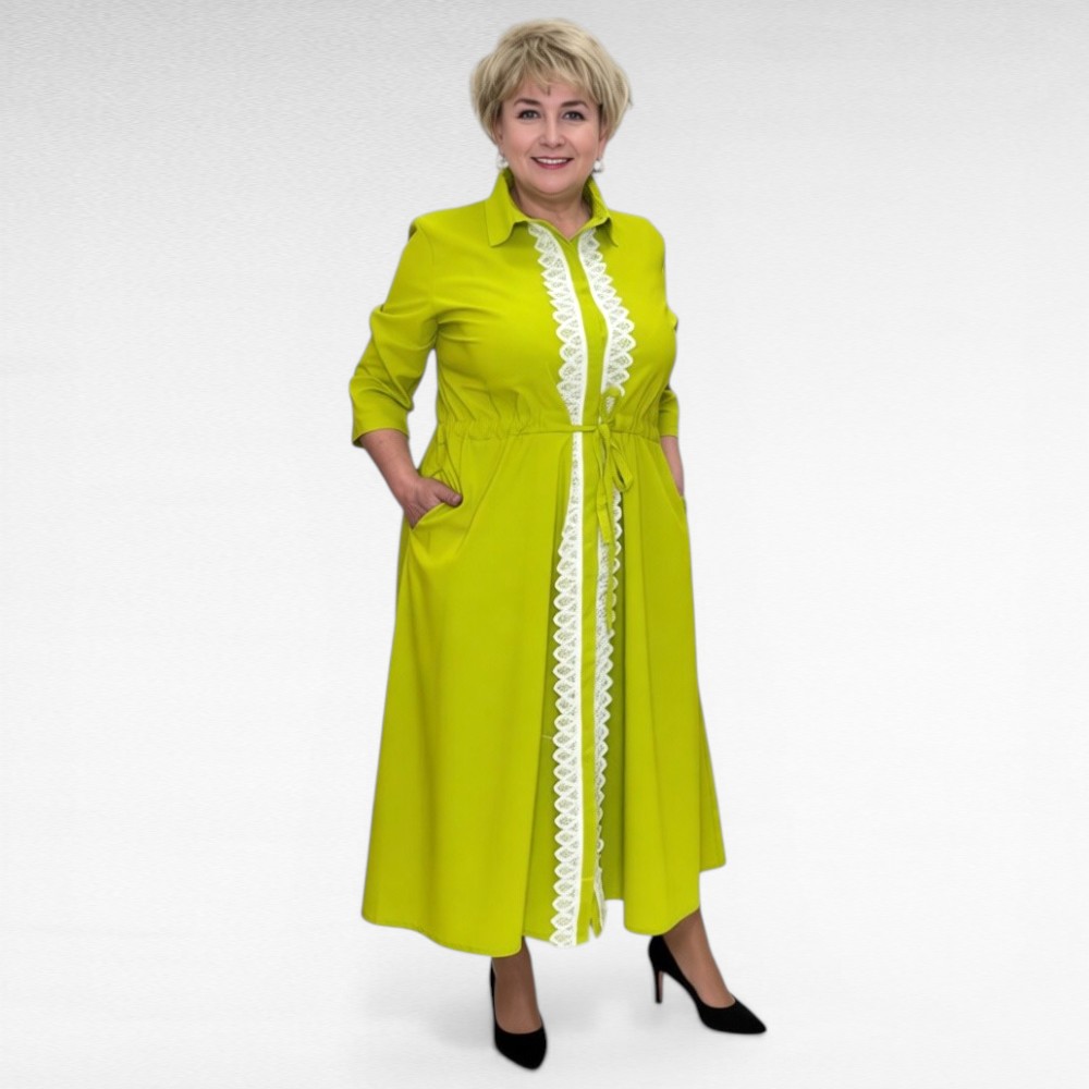 Eest nööpidega pitshõlmadega tunnelvööga pluss suurus naiste kleit (KL.154)