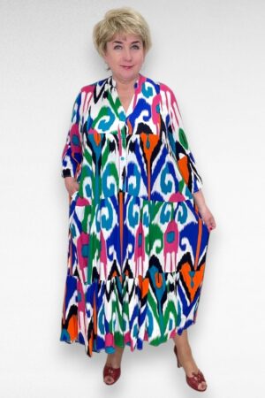 Värvikirev satsiline taskutega pikk pluss suurus naiste kleit (KL.174)