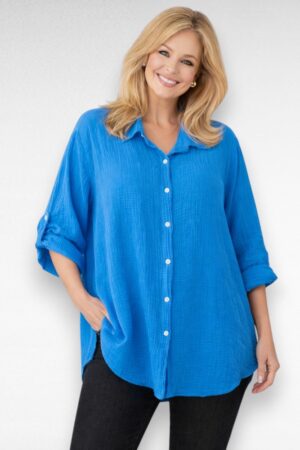 Musliinkangast eest nööpidega pluss suuruses pikem naiste pluus (PL.495)