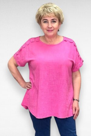 Õla pealt pitsiga alt laienev puuvillane pluus (PL.547)