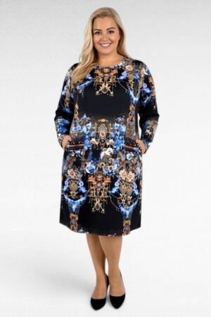 Pilkupüüdva mustriga pluss suurus puuvillane taskutega kleit (KL.857)