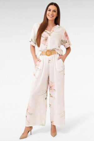 Puuvillane valge 2-osaline suvine lillemustriga kostüüm naistele (KO.037)