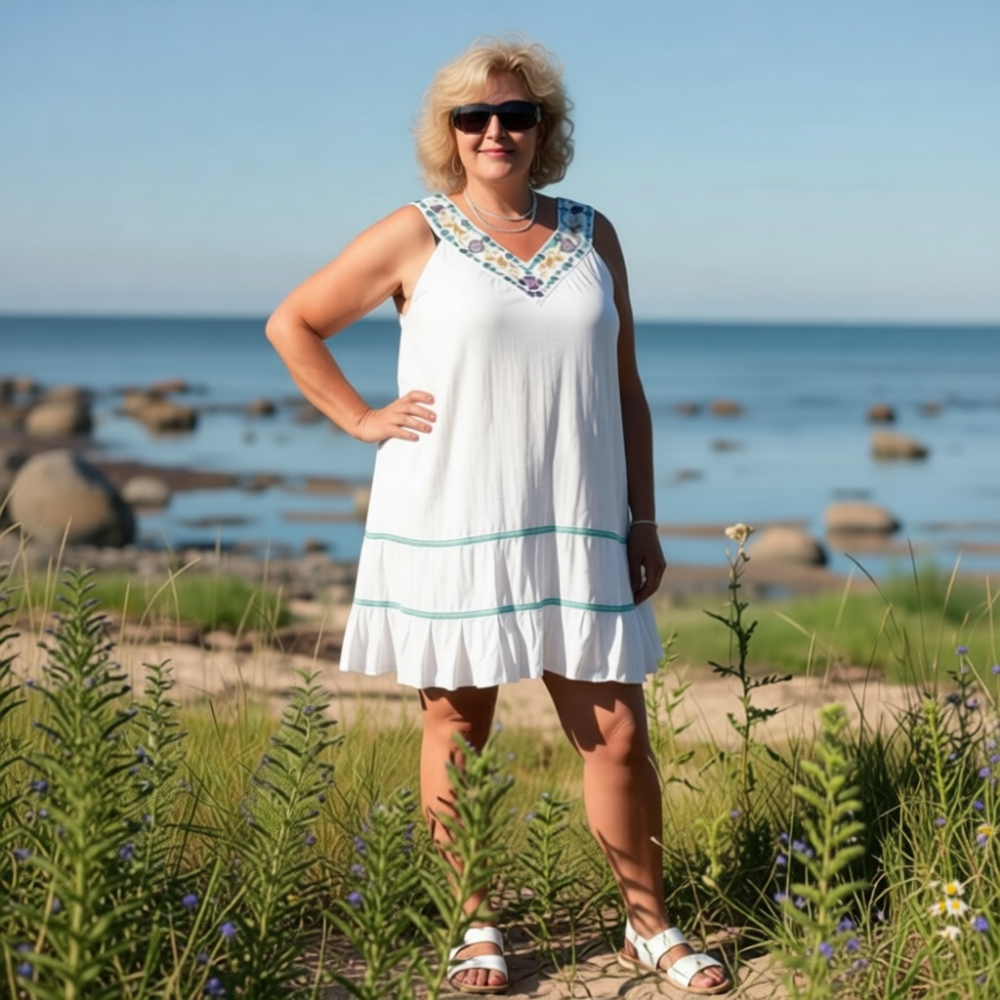 Valge tikitud kaelusega pluss suurus rannatuunika (TU.028)