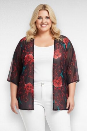 Must lillemustriga õhuline pluss suurus kimono/kardigan (KA.075)