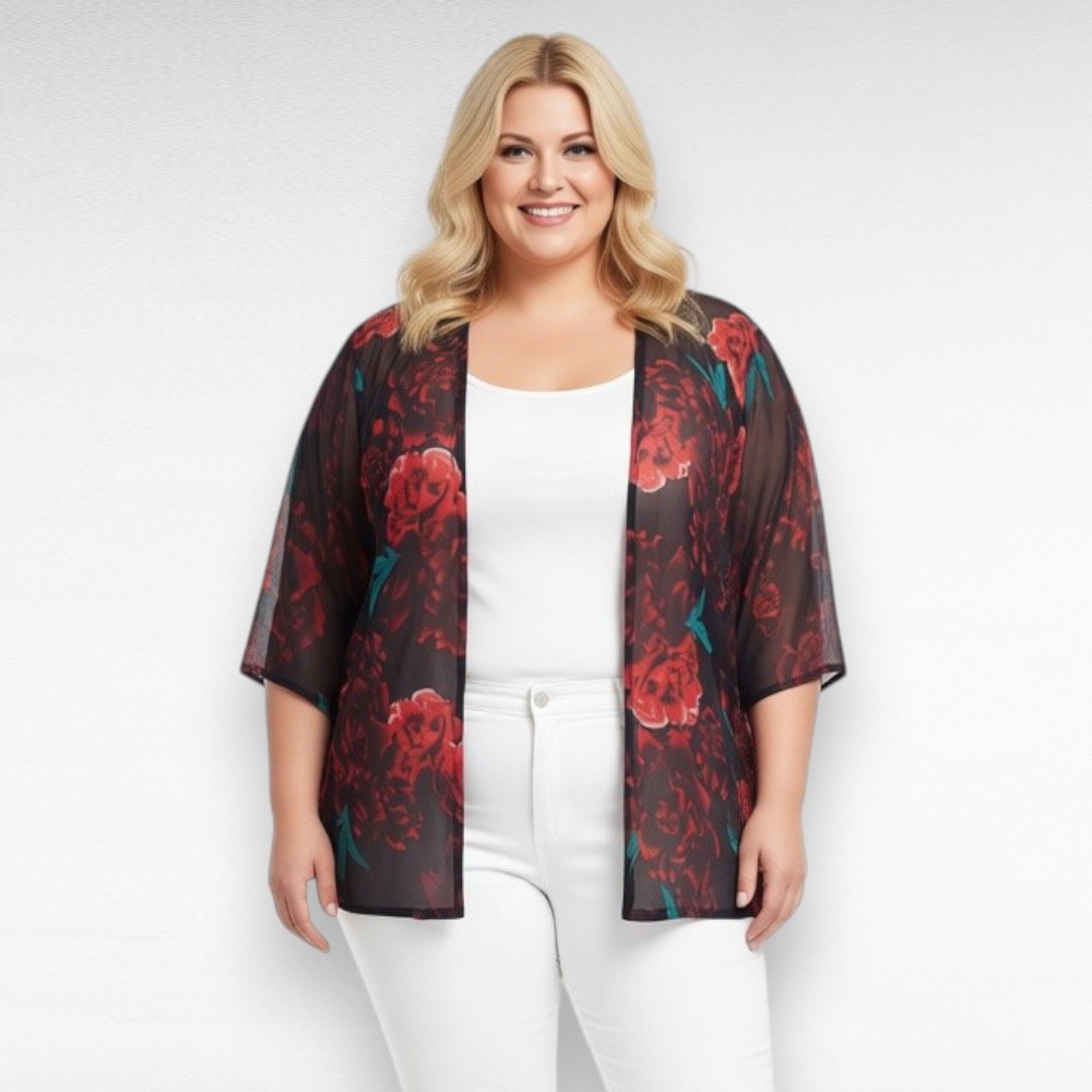 Must lillemustriga õhuline pluss suurus kimono/kardigan (KA.075)