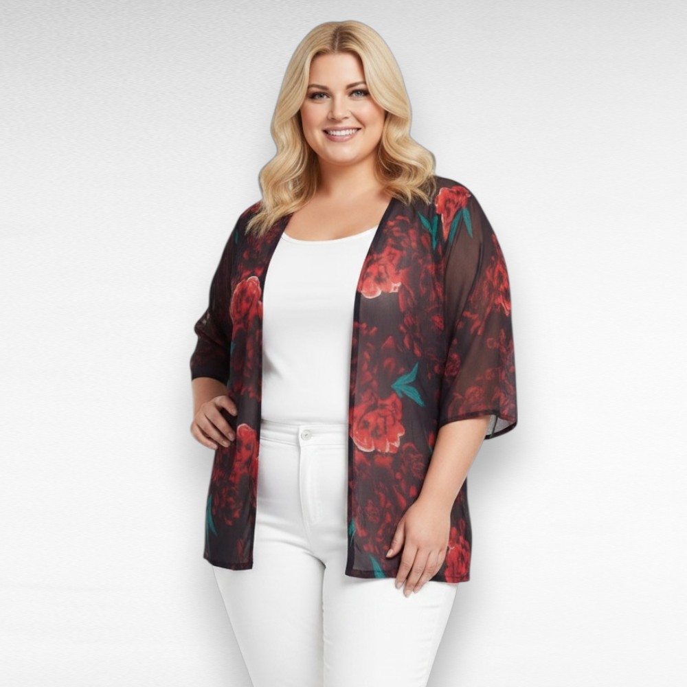 Must lillemustriga õhuline pluss suurus kimono/kardigan (KA.075) - Pilt 2