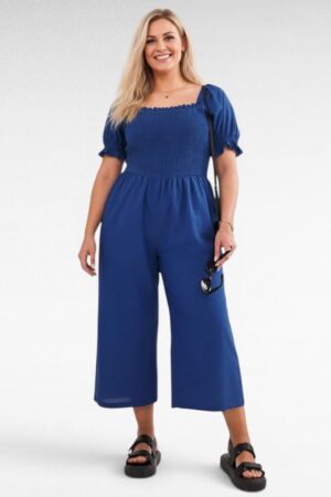 Sinine linasegusest materjalist suvine pluss suurus jumpsuit (KO.031)