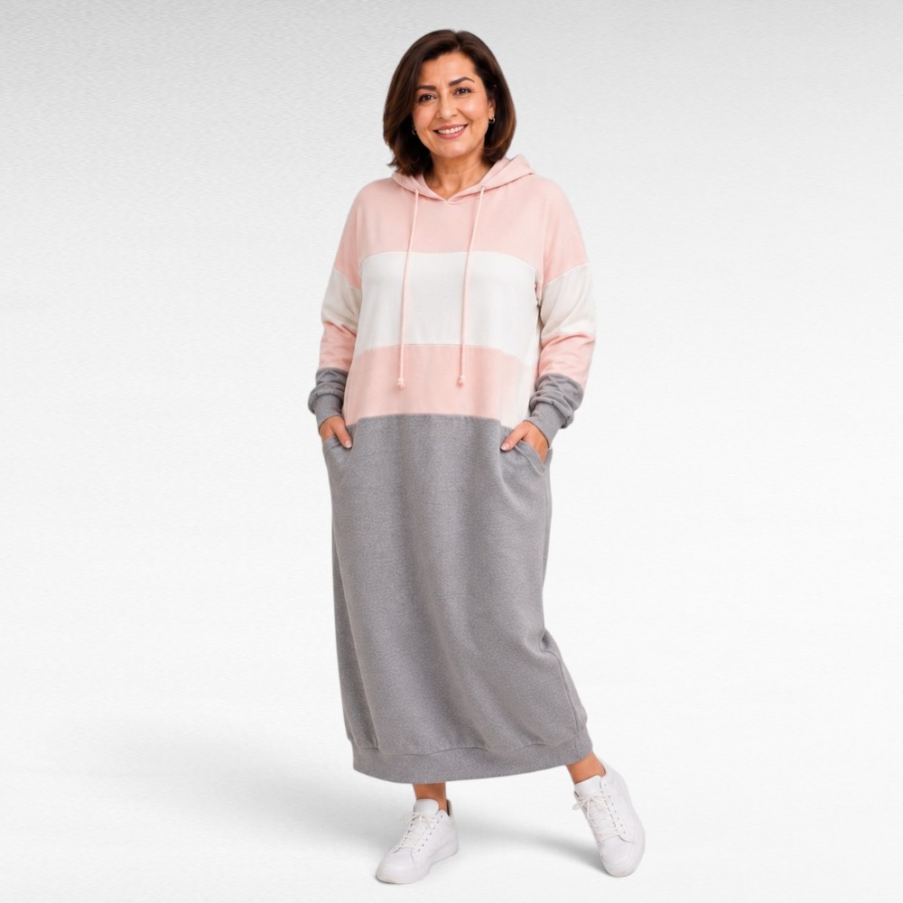 Triibulise mustriga pikk kapuutsi ja taskutega dresskleit (KL.432) - Pilt 3