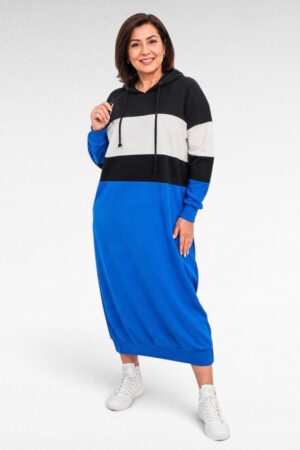 Triibulise mustriga pikk kapuutsi ja taskutega dresskleit (KL.432)