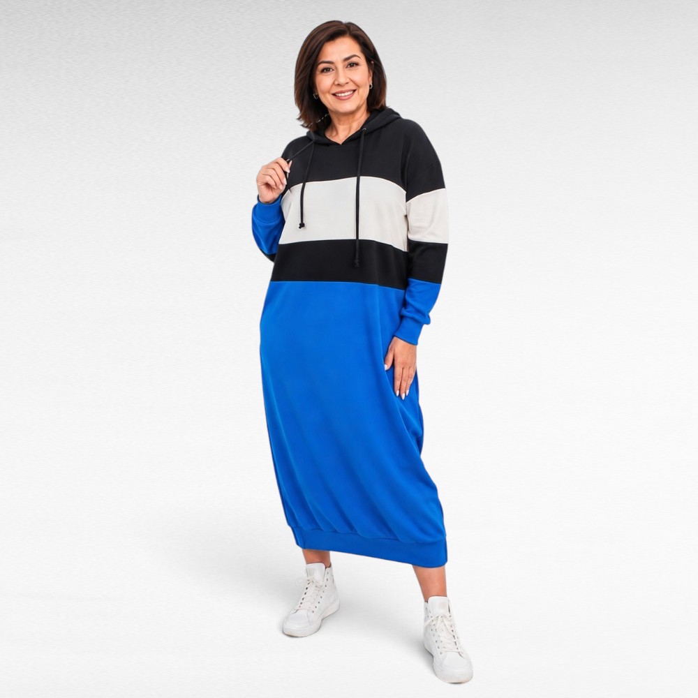Triibulise mustriga pikk kapuutsi ja taskutega dresskleit (KL.432)