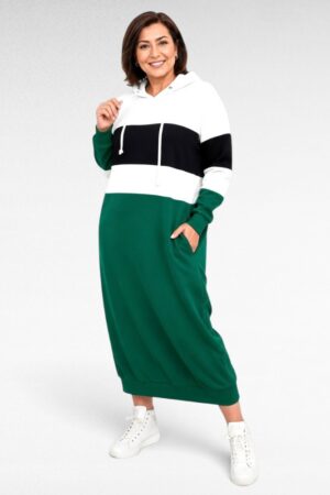 Triibulise mustriga pikk kapuutsi ja taskutega dresskleit (KL.432)