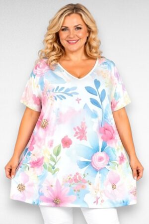 Valge roosa-ja sinisekirju lillemustriga pluss suurus tuunika "Esmira Fashion" (TU.014)